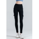 Sexy Solid Color High Waist Flap Pockets Ankle Length Skinny Leggings