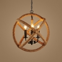 3 Lights Chandelier Pendant Rustic Interlocking Rings Rope Hanging Lamp in Flaxen