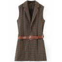 Formal Womens Vest Plaid Print Sleeveless Notched Collar Belted Waist Regular Vest in Brown