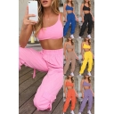 Trendy Women's Co-ords Solid Color Scoop Neck Sleeveless Cropped Cami Top with Elastic Waist Banded Cuffs Flap Pocket Cargo Pants Set