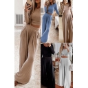 Edgy Women's Co-ords Solid Color Round Neck Long Sleeve Slim Fitted Tee Top with Elastic Waist Long Straight Pants Set