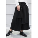 Cool Mens Pants Solid Color Elastic Waist Patched Long Length Wide Leg Pants in Black