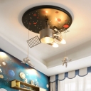 Kids Artificial Satellite Flush Light Metal 3-Bulb Bedroom Ceiling Mounted Fixture in Black
