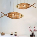 Asian Fish Shaped Pendant Ceiling Light Bamboo 1 Bulb Restaurant Chandelier in Wood