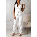 Formal Women's Suit Set Solid Color Double Breasted Notched Lapel Collar Vest with High Waist Long Straight Pants Co-ords