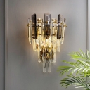 Smoky Crystal Tiered Tapered Sconce Lamp Postmodern 2-Light Brass Plated Wall Mount Light