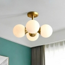 Globe Ceiling Light Contemporary Cream Glass 4 Bulbs Gold Semi Flush Light Fixture for Bedroom