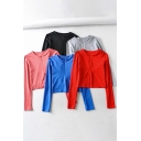Simple Solid Color T Shirt Long Sleeve Crew Neck Zipper Front Fitted Cropped Tee Top for Ladies