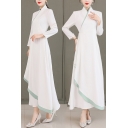 Womens Stylish A-line Dress Contrast Trim Breathable Pleated Long Sleeve Fitted Surplice Neck Maxi Dress