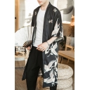 Retro Men's Jacket Crane Print Open Front Half Sleeve Slit Hem Long Kimonos Jacket