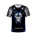 Mens New Stylish 3D Wolf Letter ALEXANDRA Pattern Round Neck Short Sleeve Black Casual Tee