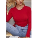 Simple Women's Tee Top Solid Color Ruched Side Round Neck Long Sleeve Slim Fitted T-Shirt