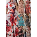 Elegant Women's A-Line Dress Floral Printed Mock Neck Cutout Short Sleeve Long A-Line Dress with Waistband