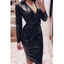 Chic Women's Shirt Dress PU Leather Solid Color Wrap Front Spread Collar Drawstring Waistband Long Sleeve Midi Shirt Dress