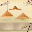 Straw Hat Suspension Light Chinese Bamboo 1-Light Restaurant Pendant Light Fixture in Wood