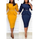 Stylish Womens Dress Plain Stringy Selvedge 3/4 Sleeve Crew Neck Belted Patched Midi Tight Dress