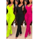 Sexy Girls Co-ords Solid Color Deep V-neck Slim Fit Tank Top & Ruched Pants Set