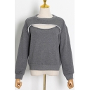 Simple Womens Sweatshirt Patched Contrast Stitch Long Sleeve Crew Neck Relaxed Fit Pullover Sweatshirt