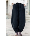 Ladies Trendy Pants Solid Color Linen Elastic Waist Ankle Baggy Pants