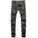 Stylish Guys Jeans Camo Patterned Mid Rise Long Skinny Jeans in Army Green