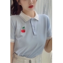 Fancy Peach Embroidered Short Sleeve Spread Collar Button up Contrasted Regular Fit Polo Shirt for Ladies
