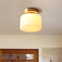 Traditional Drum Semi Flush Light Single Cream Glass Flush Ceiling Light Fixture in Gold