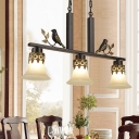 Black 3-Bulb Island Lamp Country Frosted Glass Flared Hanging Light with Decorative Bird and Leaf