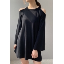 Chic Ladies Dress Solid Color Knit Long Sleeve Cold Shoulder Mini Swing Dress