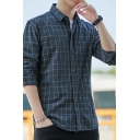 Unique Men's Shirt Plaid Print Button Fly Turn-down Collar Long Sleeve Regular Fitted Shirt