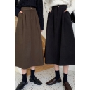 Fancy Women's Skirt Solid Color High Elastic Waist Long A-Line Skirt