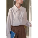 Classic Women's Shirt Blouse Solid Color Button Closure Point Collar Chest Pocket Long Sleeve Regular Fitted Shirt