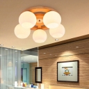 Ball Flush Mount Fixture Nordic White Glass Corridor Ceiling Mount Light in Wood