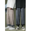 Trendy Mens Straight Pants Plaid Printed Thick Relaxed Fitted Middle Waist Full Length Pants