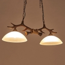 2-Light Antler Island Lighting Rustic Dark Coffee Resin Hanging Lamp with Bowl Frost Glass Shade