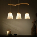 Bell Shaped Island Light Asia Bamboo 3-Light Tea Room Hanging Light Fixture in Wood