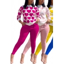 Pretty Womens Set Heart All Over Print Long Sleeve Crew Neck Relaxed T Shirt & Pants Set
