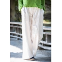 Simple Womens Pants Linen and Cotton Mid Rise Solid Color Long Length Wide-leg Pants