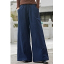 Casual Womens Pants Solid Color Drawstring Waist Long Length Wide-leg Pants