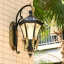 Solar Powered LED Wall Mounted Light Vintage Flared Ribbed Glass Wall Sconce in Black for Yard