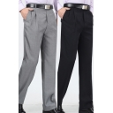 Leisure Men's Pants Solid Color High Waist Side Pocket Zip Fly Long Straight Pants