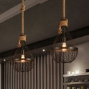 Industrial Teardrop Shaped Ceiling Pendant Light Single-Bulb Iron Hanging Light with Hemp Rope in Black