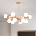 Tree Branch Chandelier Lighting Fixture Nordic Wooden Living Room Pendant with Ball White Glass Shade