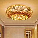 Bamboo Weaving Round Flush Light Asia 1 Head Wood Ceiling Mount Lamp for Bedroom