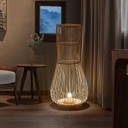 Asian 1-Light Floor Lamp Brown Pear Shaped Standing Floor Light with Bamboo Shade