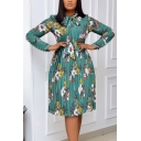 Womens Popular Dress All Over Flower Printed Long Sleeve Bow Tied Neck Mid Pleated Dress