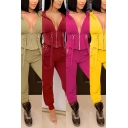 Stylish Womens Set Solid Color Long Sleeve Hooded Zip Up Strap Decoration Fitted Jacket & Pants Set