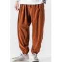 Casual Pants Corduroy Solid Color Drawstring Waist Ankle Baggy Pants for Men