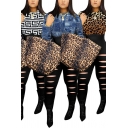 Sexy Womens Jumpsuit Leopard Geometric Print Long Sleeve Crew Neck Cut Out Ankle Skinny Jumpsuit