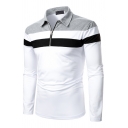 Fashionable Mens Polo Shirt Contrast Color Zip Front Point Collar Long Sleeve Regular Fitted Polo Shirt