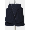 Stylish Girls Skirt Solid Color High Rise Oblique Button Up Patched Mini Wrap Skirt in Dark Blue